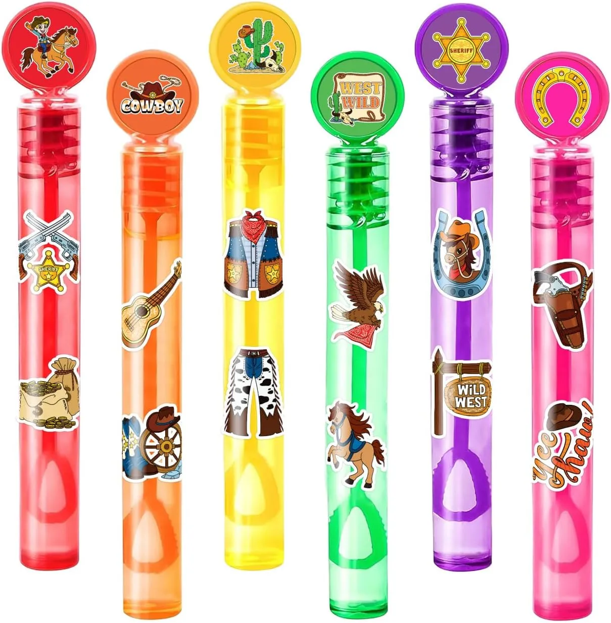 24PCS Cowboy Bubble Wands with 96PCS Stickers - Party Favor for Goodie Bags, Pinata Stuffers, Mini Bubble Bulk Western Birthday Supplies, Toys Gifts, Class Prizes for Toddlers, Boys & Girls