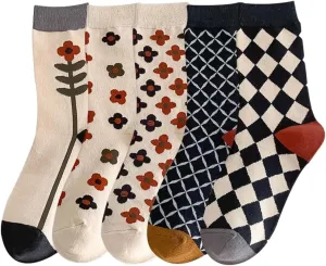 5/10 Pairs Cute Floral Socks, Cottagecore Crew socks, Smiley Face Colorful Socks for Women Girls