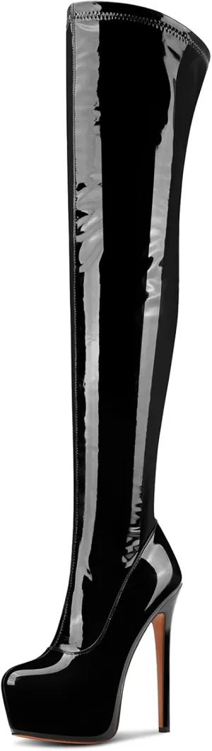 Aachcol Patent Leather Over The Knee Stiletto Boots Platform Thigh High Boots Round Toe Side Zipper Sexy Dress High Heel Boots 5.9 Inches Heels