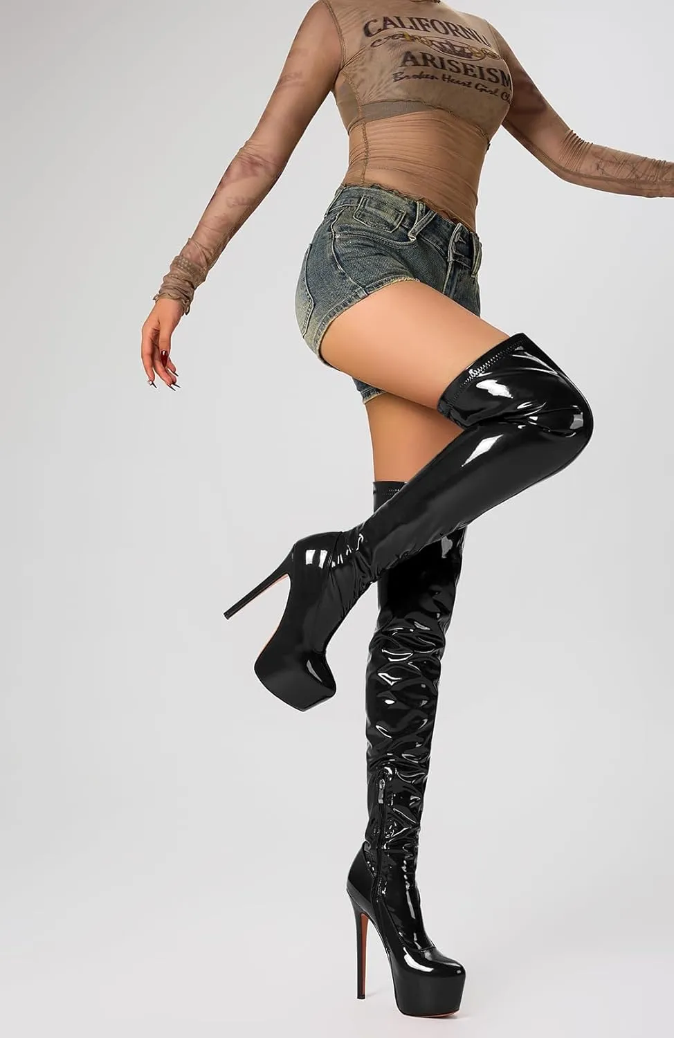 Aachcol Patent Leather Over The Knee Stiletto Boots Platform Thigh High Boots Round Toe Side Zipper Sexy Dress High Heel Boots 5.9 Inches Heels
