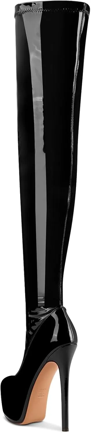 Aachcol Patent Leather Over The Knee Stiletto Boots Platform Thigh High Boots Round Toe Side Zipper Sexy Dress High Heel Boots 5.9 Inches Heels