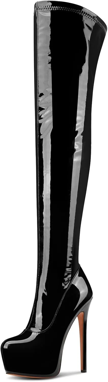 Aachcol Patent Leather Over The Knee Stiletto Boots Platform Thigh High Boots Round Toe Side Zipper Sexy Dress High Heel Boots 5.9 Inches Heels