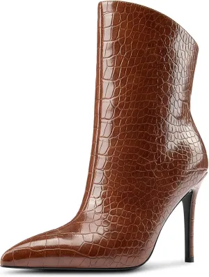 Aachcol Womens Stiletto High Heel Ankle Boots Pointed Toe Mid Calf Boots Slip-on Wide Calf Fashion Dress Shoes Booties 3.9 Inches Heels