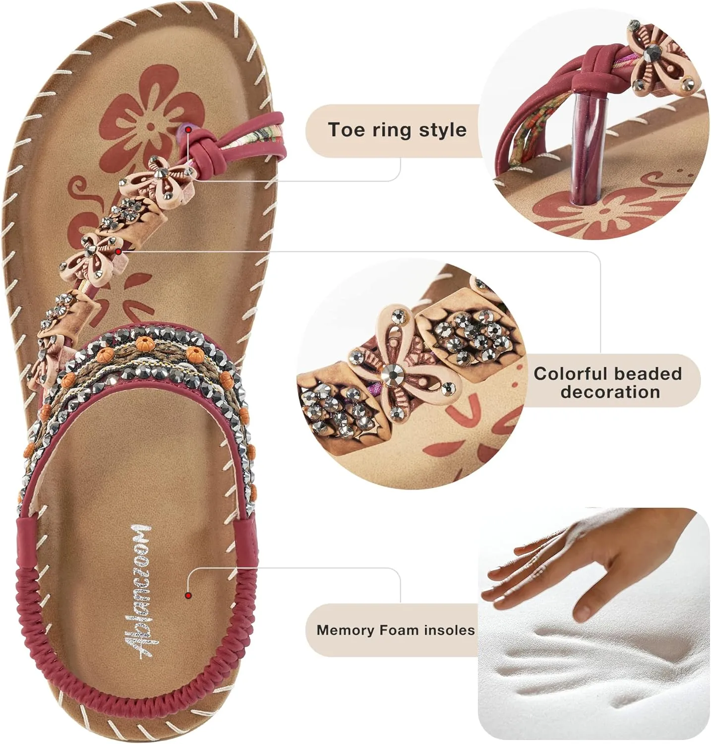 Ablanczoom Womens Sandals Flats Shoes: Comfortable Bohemian Beaded Dressy Summer Flat Casual Ankle Strap Elastic Slip on Beach Sandal