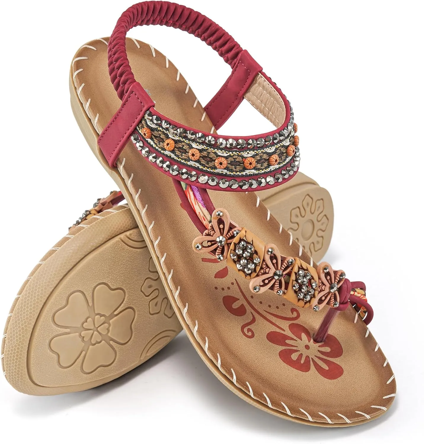 Ablanczoom Womens Sandals Flats Shoes: Comfortable Bohemian Beaded Dressy Summer Flat Casual Ankle Strap Elastic Slip on Beach Sandal