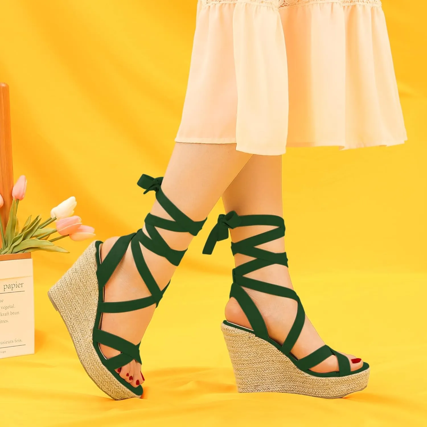 Allegra K Women's Espadrilles Platform Heels Lace Up Wedge Sandals