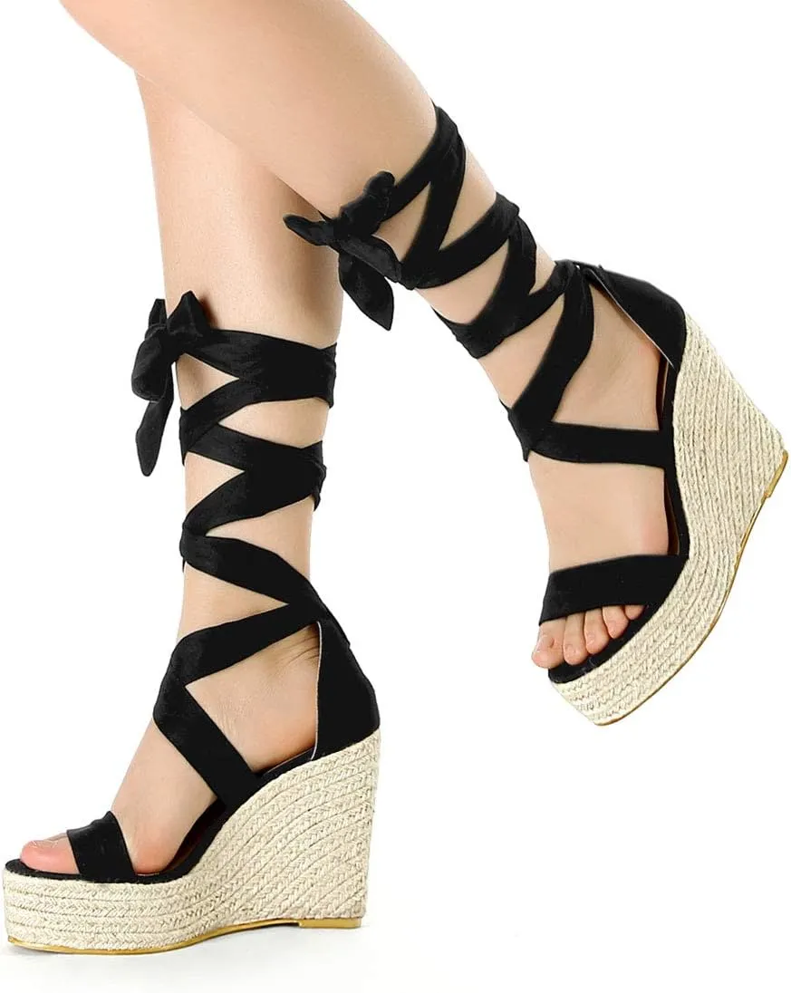 Allegra K Women's Espadrilles Platform Sandals Lace Up Open Toe Wedges Heels