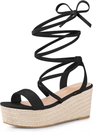Allegra K Women's Lace Up Wedge Heel Slingback Platform Strappy Sandals