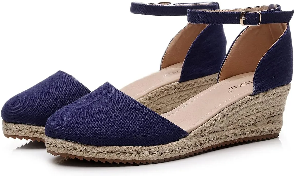 Altxic Women's Closed Toe Canvas Ankle Strap Espadrilles Wedge Sandals