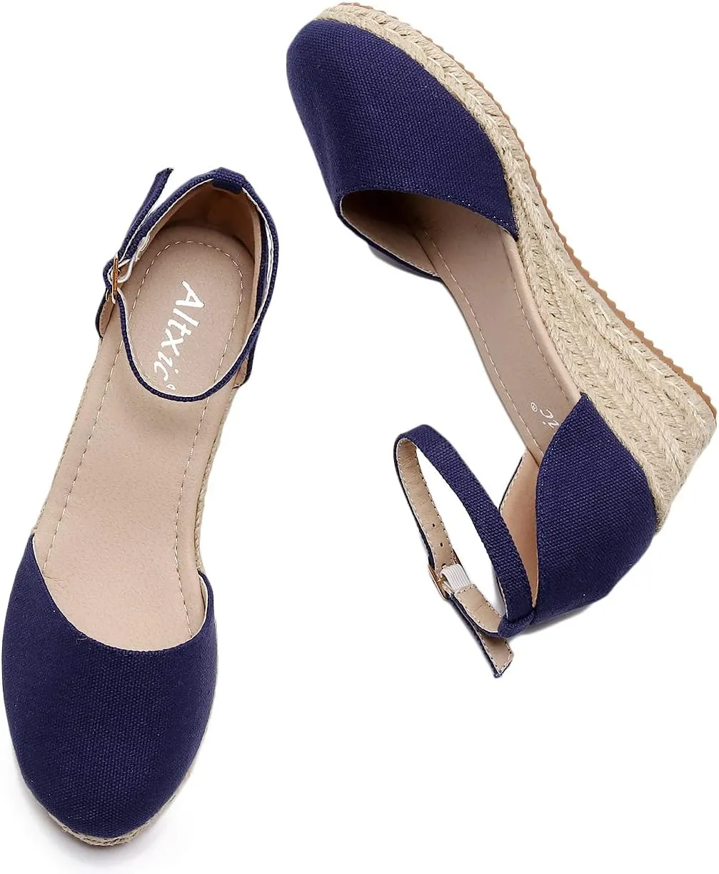 Altxic Women's Closed Toe Canvas Ankle Strap Espadrilles Wedge Sandals