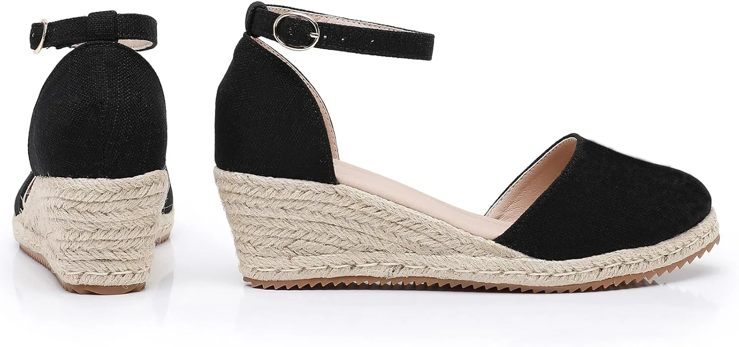Altxic Women's Closed Toe Canvas Ankle Strap Espadrilles Wedge Sandals