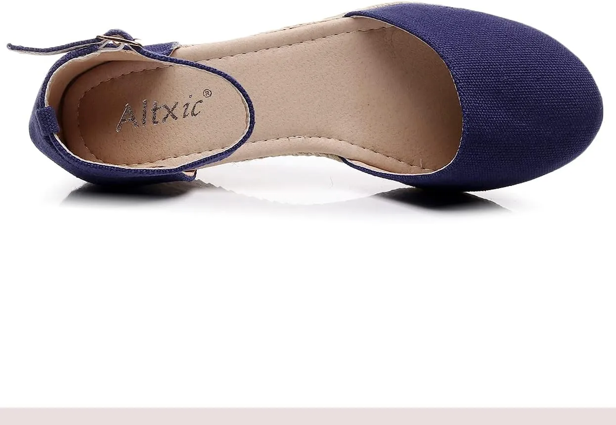 Altxic Women's Closed Toe Canvas Ankle Strap Espadrilles Wedge Sandals