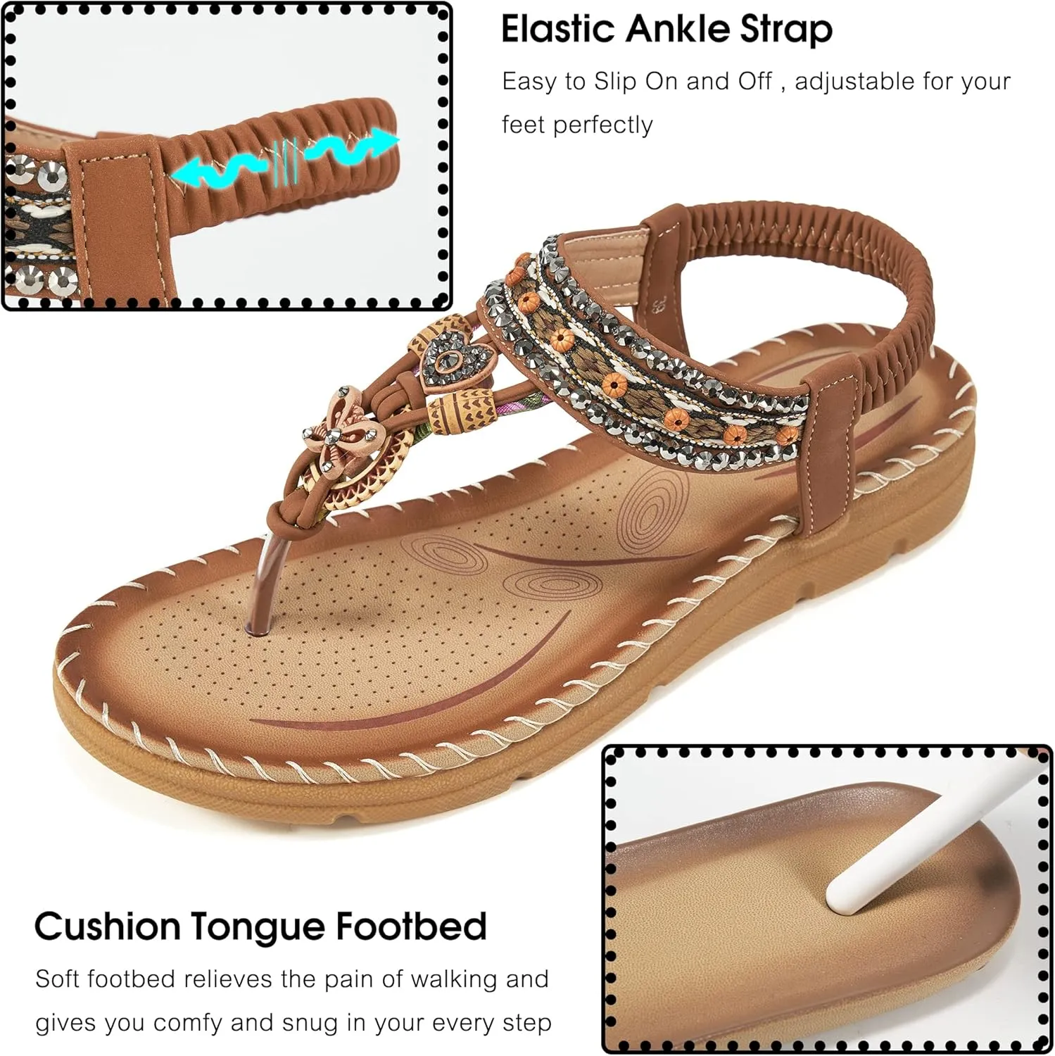 Aomigoct Sandals Women Flat Shoes: Dressy Summer Bohemian Flats Shoes for Women Sandals Comfortable Ankle Strap Outdoor Walking
