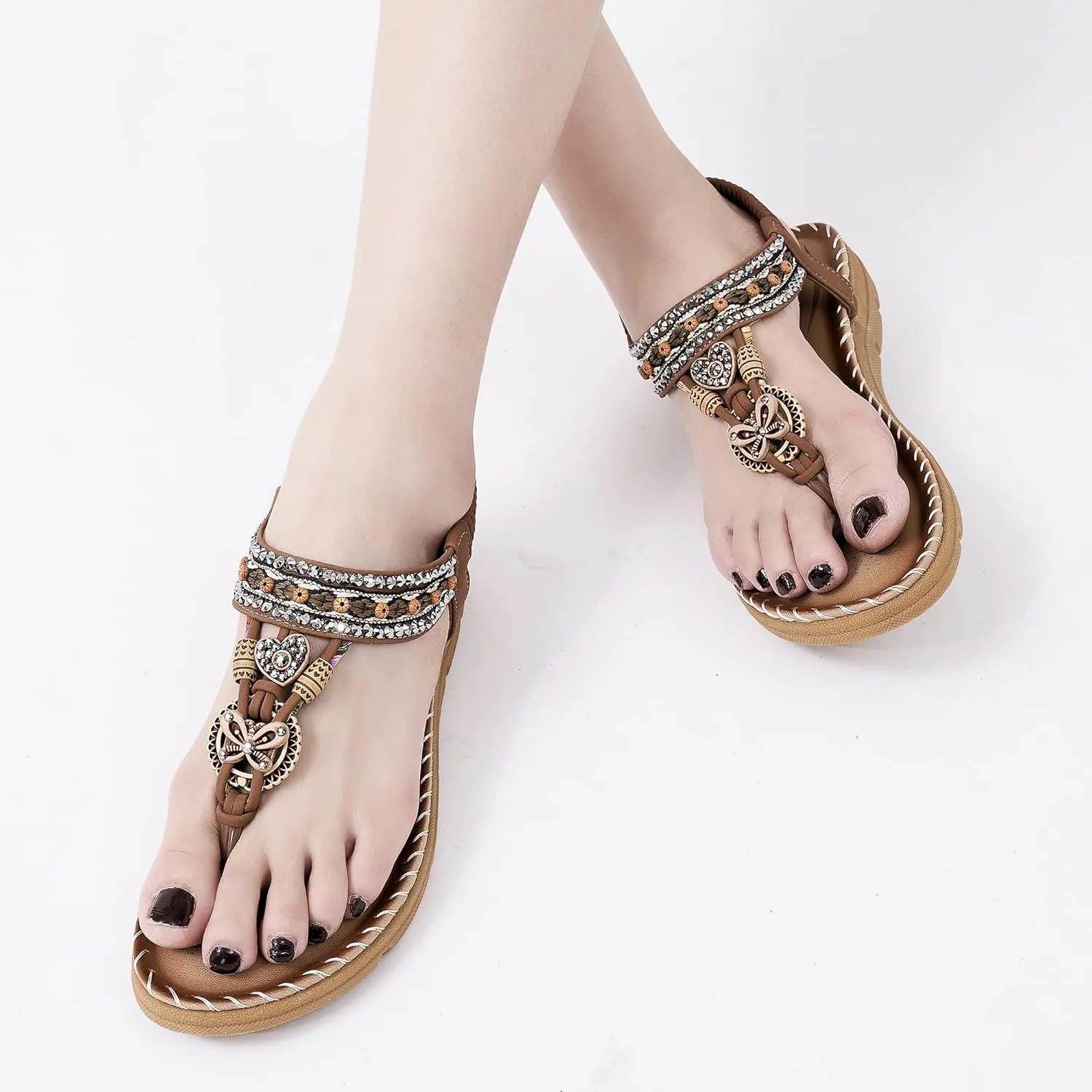 Aomigoct Sandals Women Flat Shoes: Dressy Summer Bohemian Flats Shoes for Women Sandals Comfortable Ankle Strap Outdoor Walking