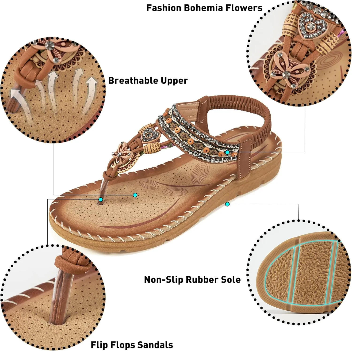 Aomigoct Sandals Women Flat Shoes: Dressy Summer Bohemian Flats Shoes for Women Sandals Comfortable Ankle Strap Outdoor Walking