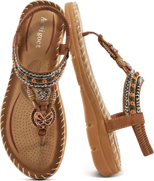 Aomigoct Sandals Women Flat Shoes: Dressy Summer Bohemian Flats Shoes for Women Sandals Comfortable Ankle Strap Outdoor Walking