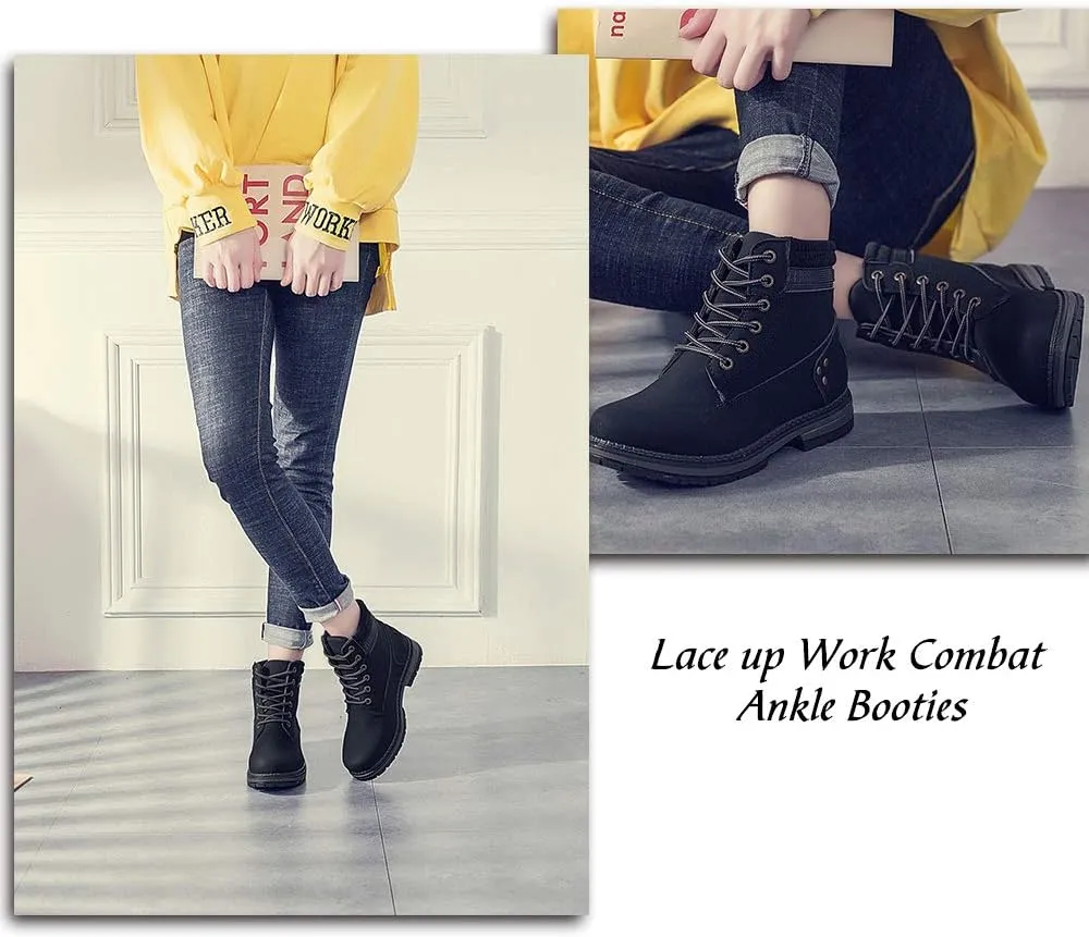 Athlefit Women's Work Waterproof Hiking Combat Boots Lace up Low Heel Booties Ankle Boots