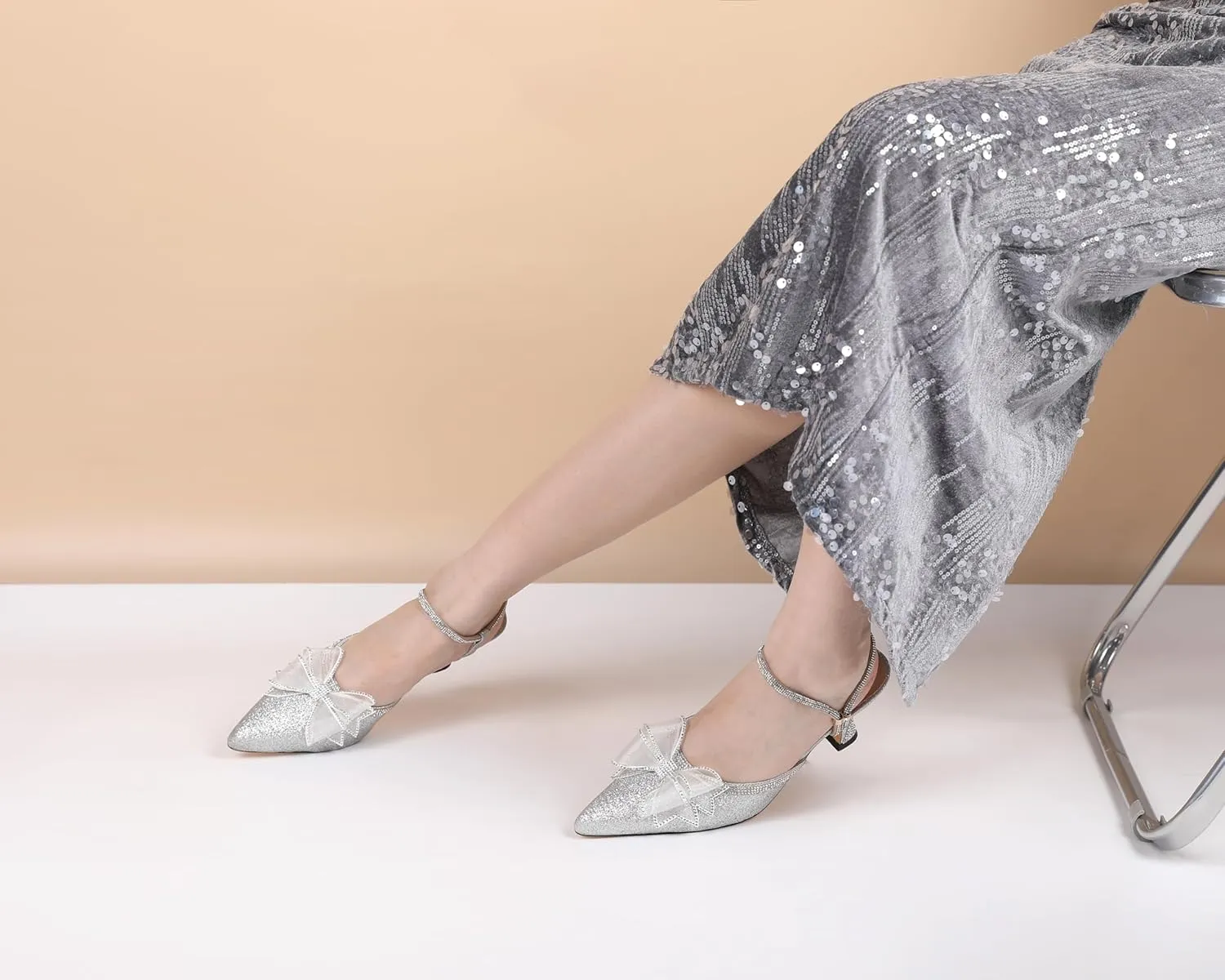 AUMOTED Women Kitten Heel Mules Rhinestone Bow Sandals Pointed Toe Heeled Mule Slip On Low Heels Slipper Glitter Mesh Wedding Bridal Shoes 2.5 Inch