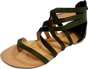Back Zipper Sandals for Women Summer Ankle Straps Gladiator Flat Sandals Casual Cross Straps Thong Clip Toe Flip Flops Lightweight Beach Shoes Slipper