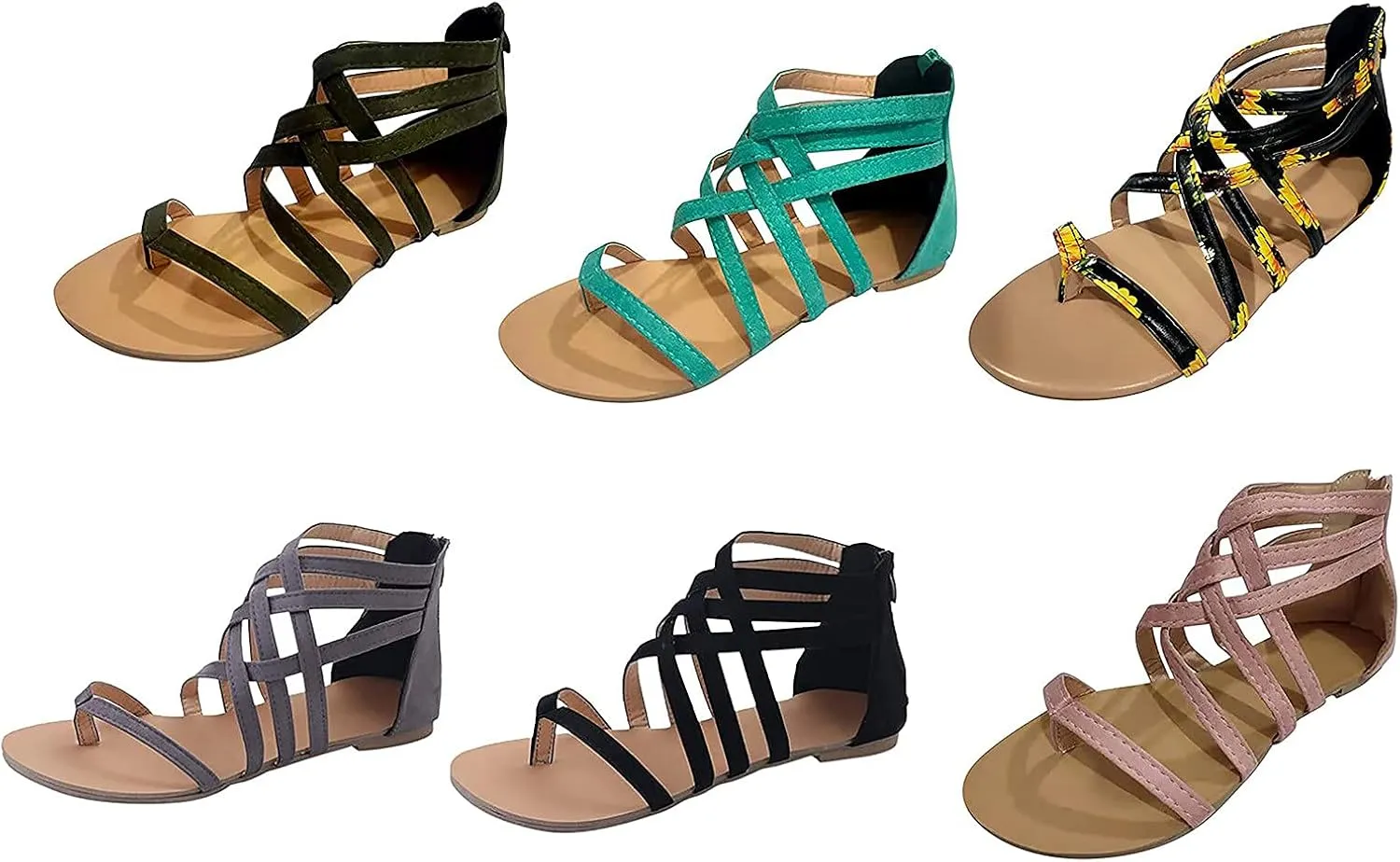 Back Zipper Sandals for Women Summer Ankle Straps Gladiator Flat Sandals Casual Cross Straps Thong Clip Toe Flip Flops Lightweight Beach Shoes Slipper