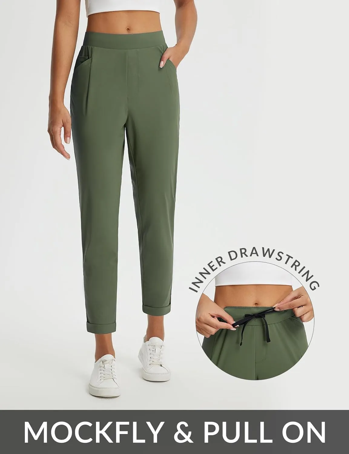 baleaf Womens Travel Pants Stretch with Zipper Pockets Petite Ankle Dressy Work Business Casual Golf Slacks