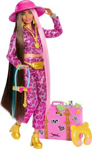 Barbie Extra Fly Travel Doll, Safari Look with Colorful Hair, Pink Camo Outfit, Golden Boots & Accessories