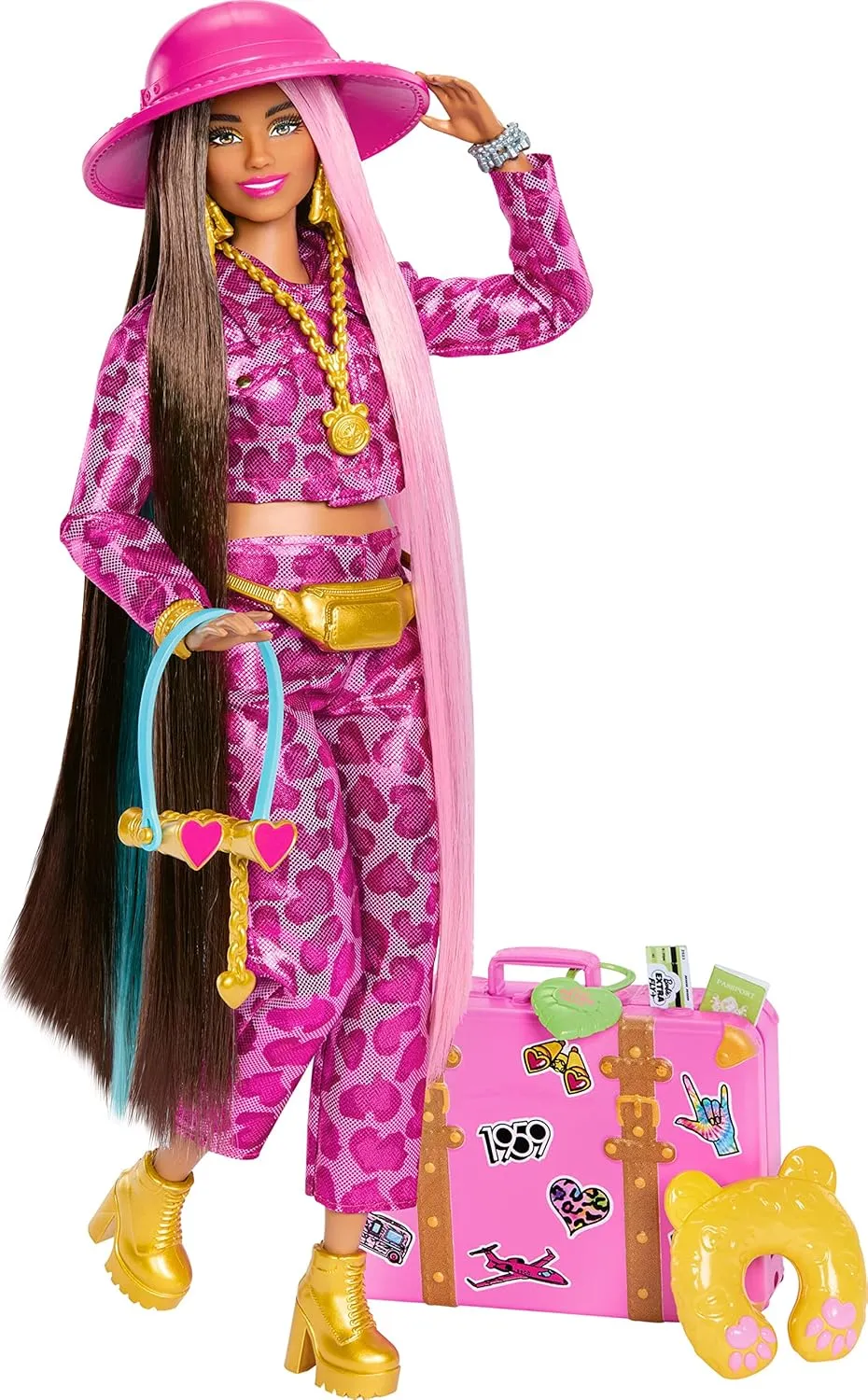 Barbie Extra Fly Travel Doll, Safari Look with Colorful Hair, Pink Camo Outfit, Golden Boots & Accessories