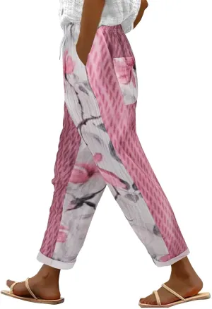 Beach Vacation s Women's Pants Pants Linen Outfit (Pink, XXXL)