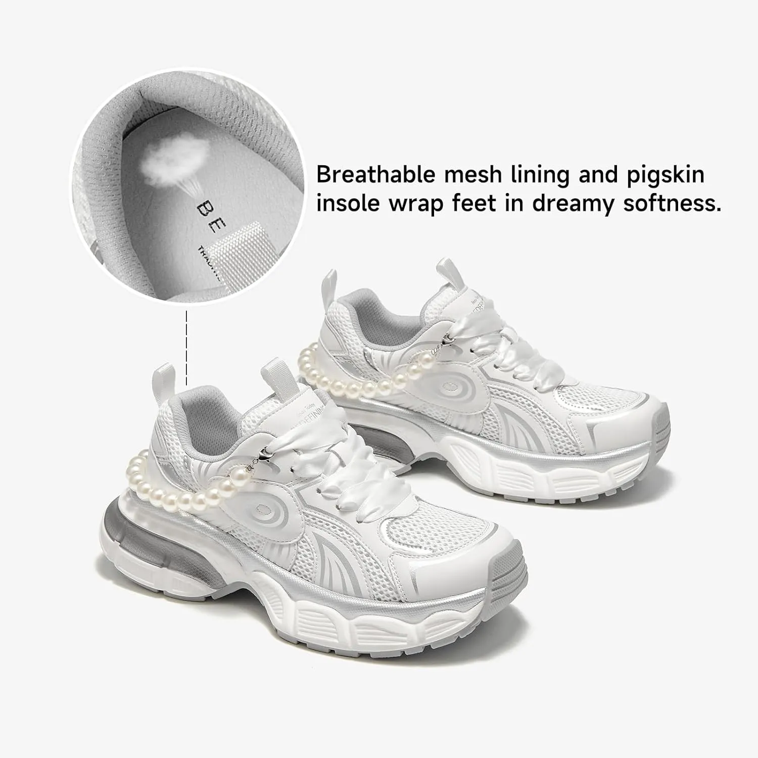 BEAU TODAY Womens Platform Fashion Sneakers, Chunky Wide Sneakers for Women, Leather Lace-up Breathable Walking Shoes for Women, Comfortable Casual Workout Athletic Tennis Shoes