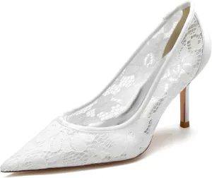 Bride Wedding Dress Shoes Lace Pumps Heel Pointed Toe Wedding Pumps Shoes Women Prom High Heels Bridal Dress Shoes 8.5Cm