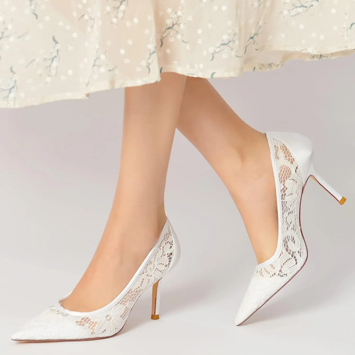 Bride Wedding Dress Shoes Lace Pumps Heel Pointed Toe Wedding Pumps Shoes Women Prom High Heels Bridal Dress Shoes 8.5Cm