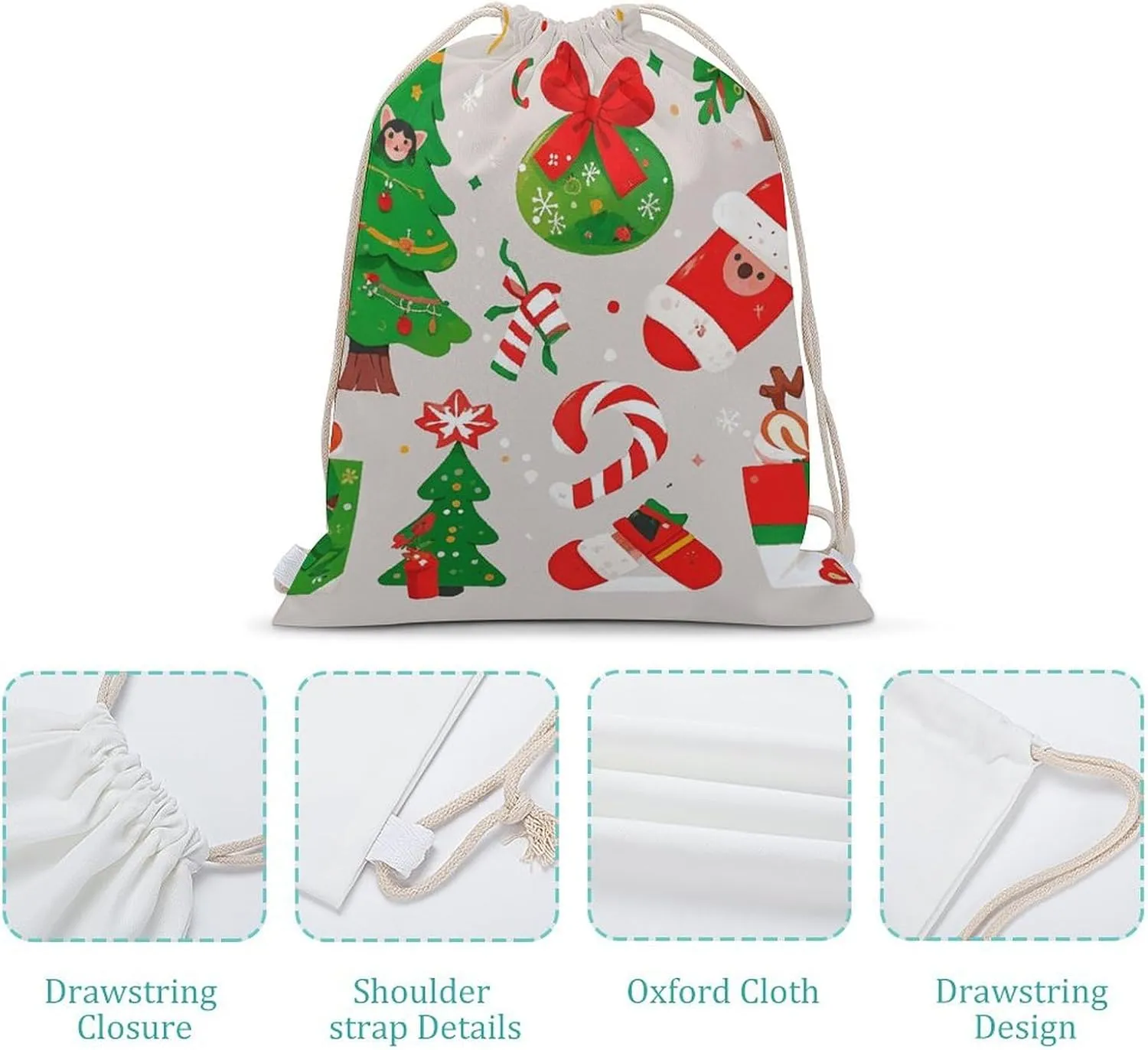 Canvas Drawstring Backpack, Cartoon Christmas Elements Drawstring Sport Gym Bags for Travel, Work, Yoga & Daily Use