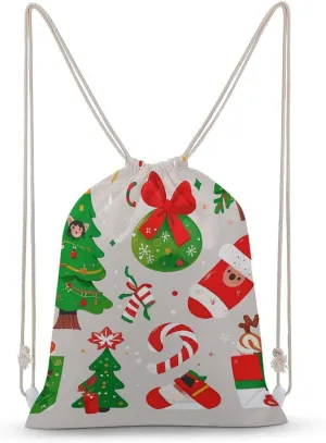 Canvas Drawstring Backpack, Cartoon Christmas Elements Drawstring Sport Gym Bags for Travel, Work, Yoga & Daily Use