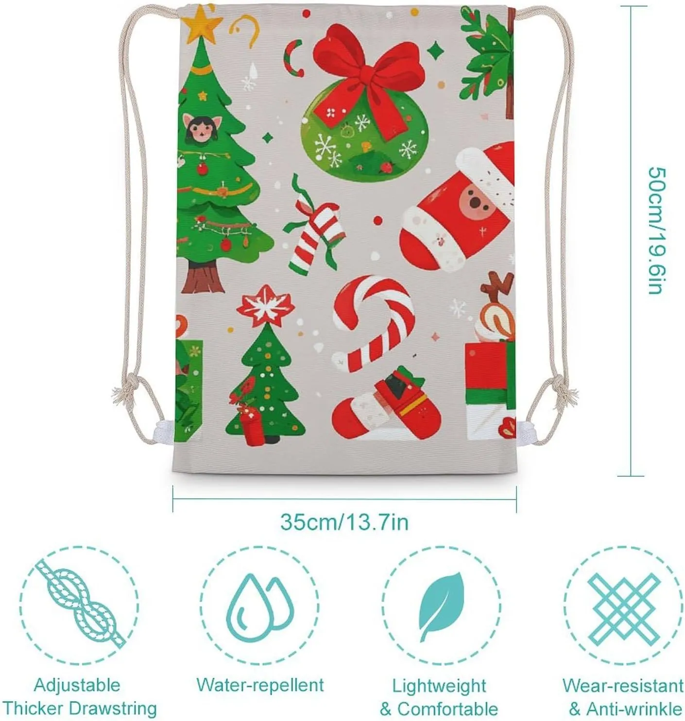 Canvas Drawstring Backpack, Cartoon Christmas Elements Drawstring Sport Gym Bags for Travel, Work, Yoga & Daily Use
