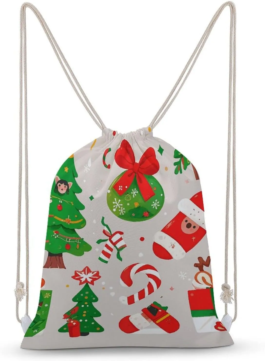 Canvas Drawstring Backpack, Cartoon Christmas Elements Drawstring Sport Gym Bags for Travel, Work, Yoga & Daily Use