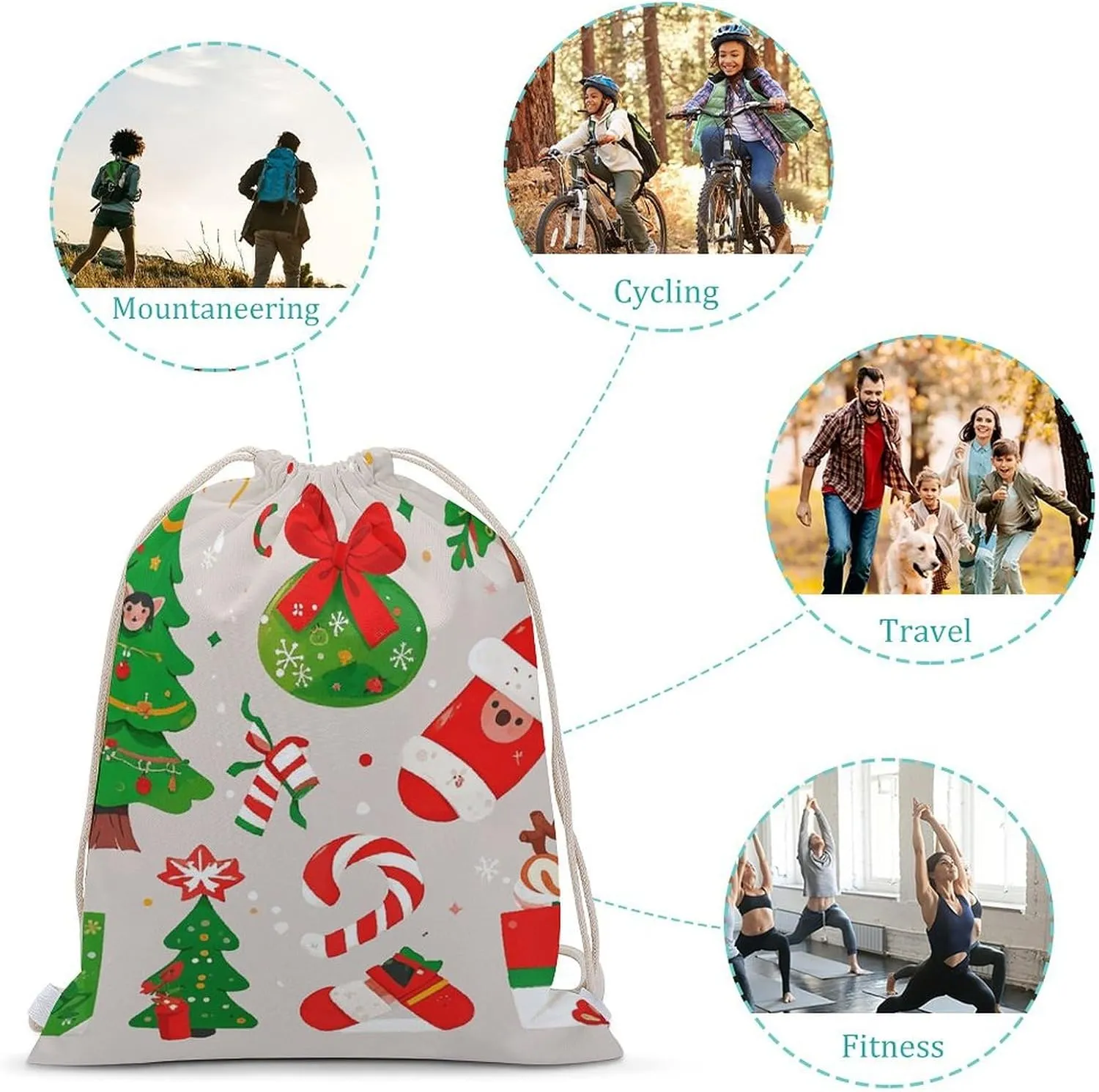 Canvas Drawstring Backpack, Cartoon Christmas Elements Drawstring Sport Gym Bags for Travel, Work, Yoga & Daily Use