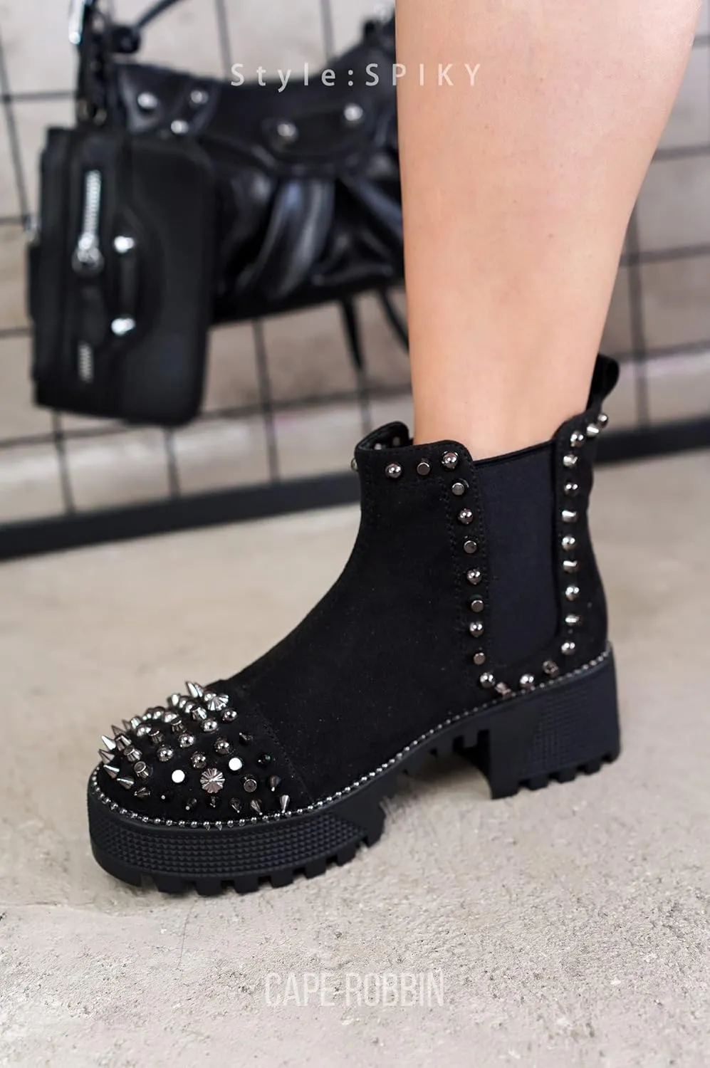 Cape Robbin Women's Platform Combat Ankle Boots - Studded Motorcycle Goth Boots with Spiky Design - Chunky Heel Lace-Up Style (Spiky)