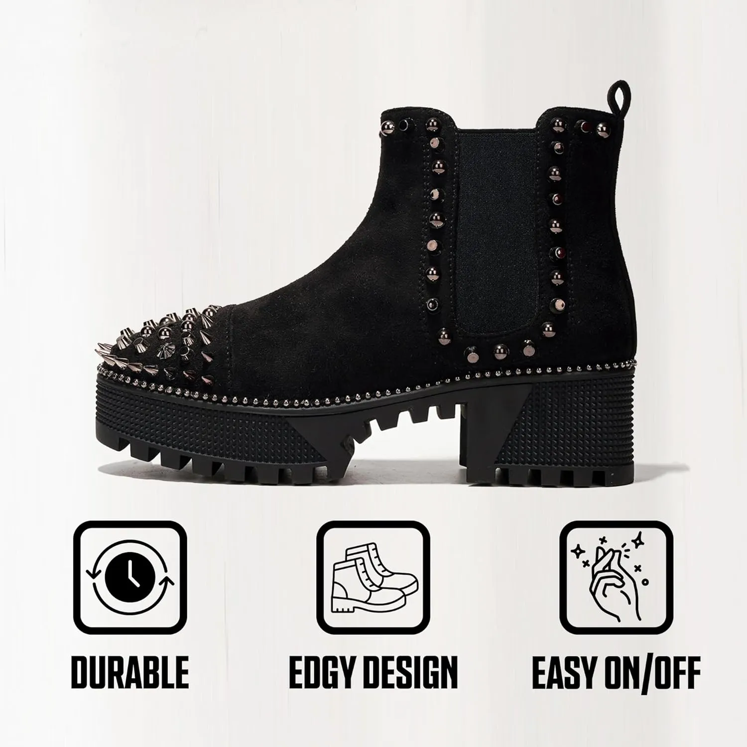Cape Robbin Women's Platform Combat Ankle Boots - Studded Motorcycle Goth Boots with Spiky Design - Chunky Heel Lace-Up Style (Spiky)