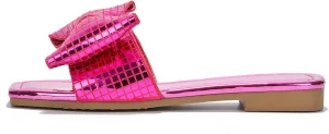 Cape Robbin Women's Slip-On Flat Sandals - Square Toe Disco Ball Metallic Design with Bow Tie - Summer Dressy Sandals (Botania) - Fuchsia Size 10