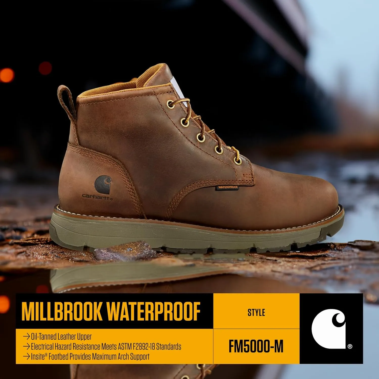 Carhartt Millbrook Waterproof Wedge Boot - Work Boots for Men, Slip & Electrical Hazard Resistant, with 5" Shaft, Breathable Membrane, and Lightweight EVA Midsole