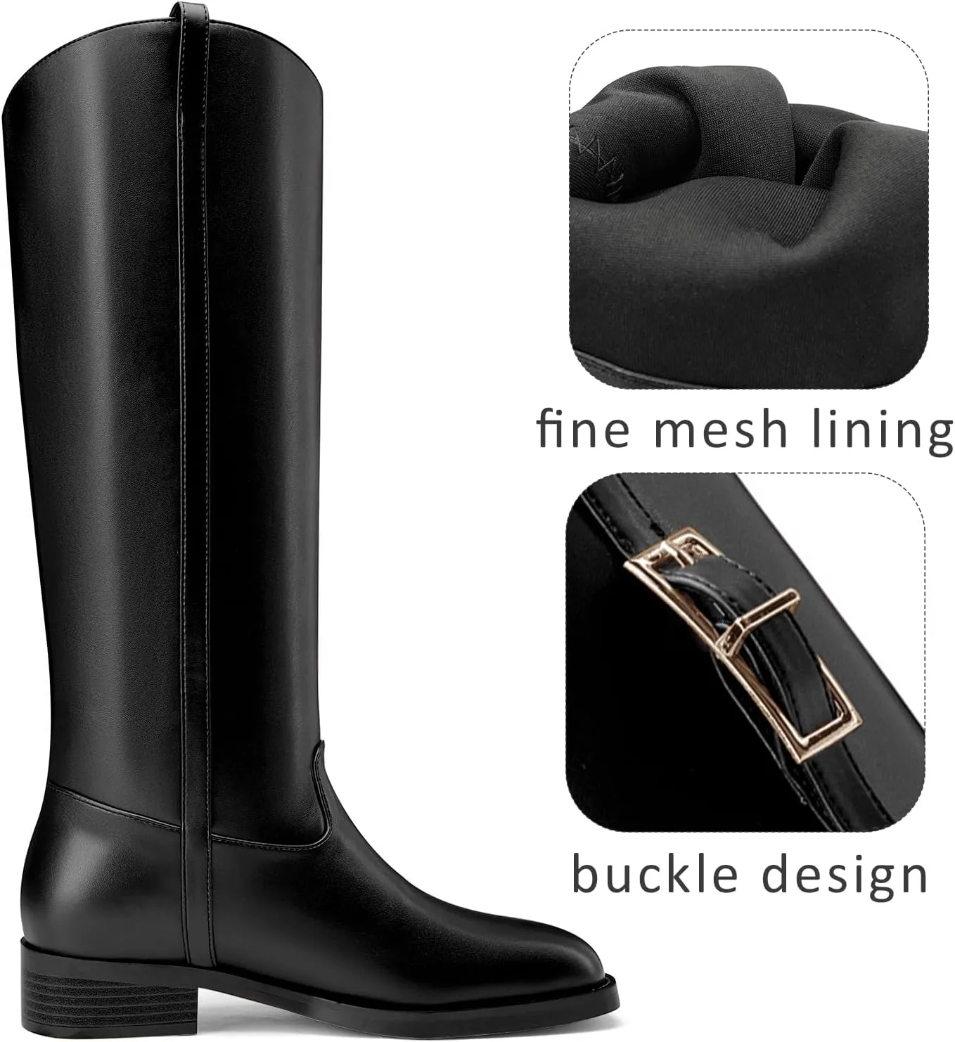 Castamere Women Riding Knee High Boots Round Toe Slip-on Metal Buckle Tall Boots for Women Calf Fashion Dress Long Boots 1.4 Inches Heels
