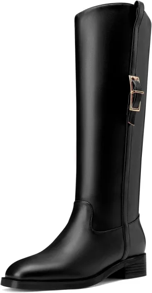 Castamere Women Riding Knee High Boots Round Toe Slip-on Metal Buckle Tall Boots for Women Calf Fashion Dress Long Boots 1.4 Inches Heels