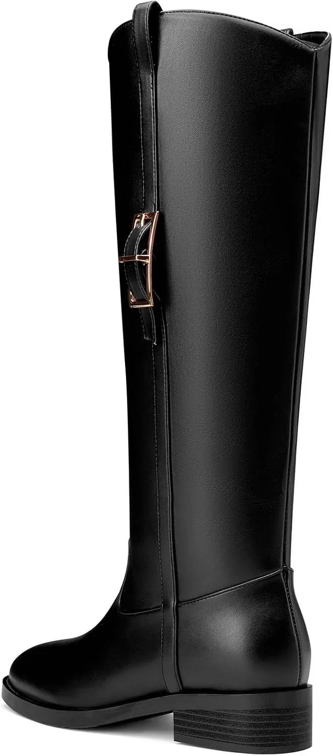 Castamere Women Riding Knee High Boots Round Toe Slip-on Metal Buckle Tall Boots for Women Calf Fashion Dress Long Boots 1.4 Inches Heels