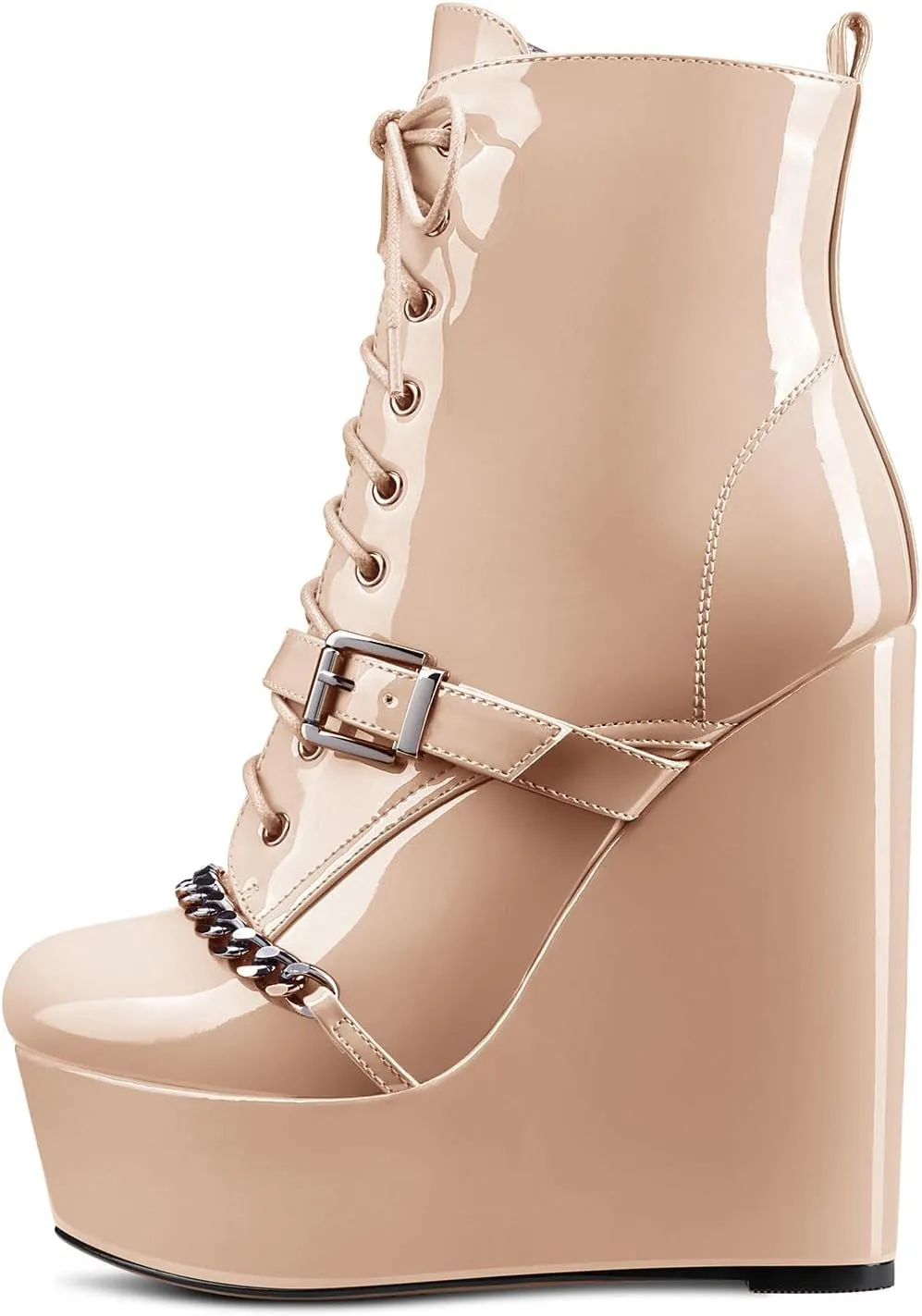 Castamere Womens High Wedge Platform Heel Round Toe Lace-up Zipper Ankle Boots Short Bootie Metal Chain Prom 5.9 Inches Heels