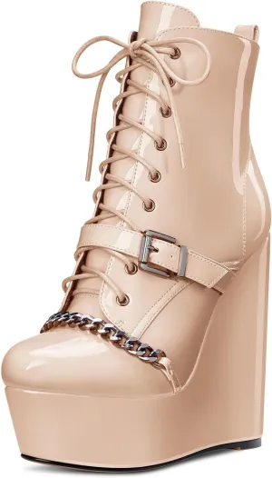 Castamere Womens High Wedge Platform Heel Round Toe Lace-up Zipper Ankle Boots Short Bootie Metal Chain Prom 5.9 Inches Heels