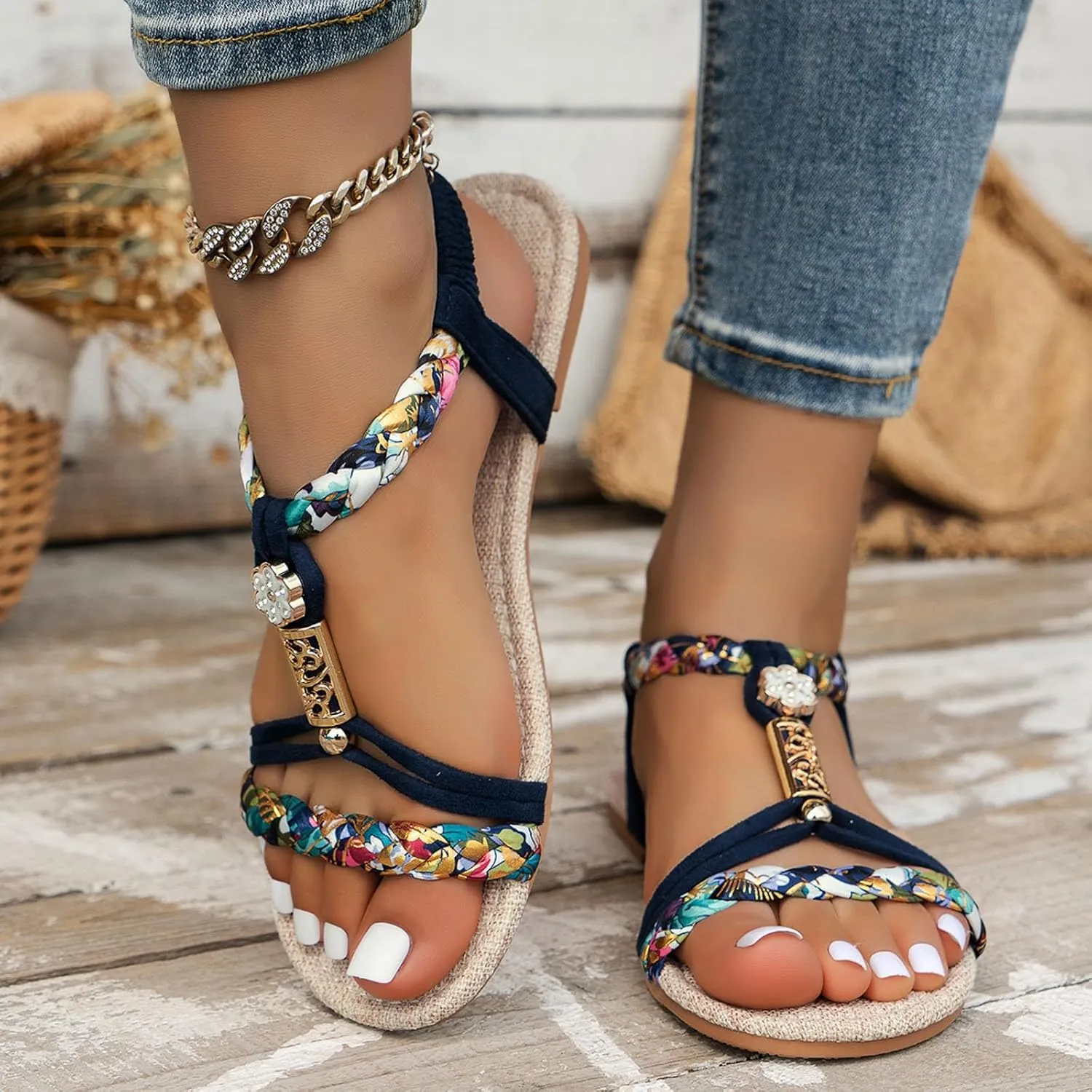 Casual Bohemian Beach Sandals Orthopedic Wedge Sandals for Women Ankle Strap Flip Flops Open Toe Jeweled Flat Sandals 2025