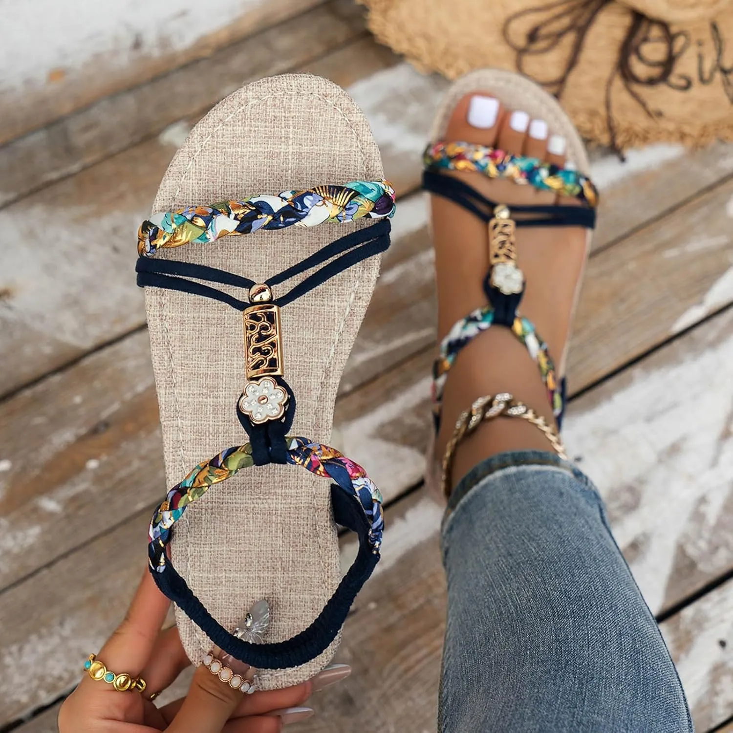 Casual Bohemian Beach Sandals Orthopedic Wedge Sandals for Women Ankle Strap Flip Flops Open Toe Jeweled Flat Sandals 2025