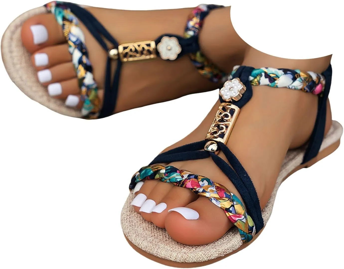 Casual Bohemian Beach Sandals Orthopedic Wedge Sandals for Women Ankle Strap Flip Flops Open Toe Jeweled Flat Sandals 2025