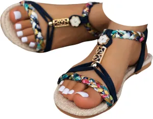 Casual Bohemian Beach Sandals Orthopedic Wedge Sandals for Women Ankle Strap Flip Flops Open Toe Jeweled Flat Sandals 2025
