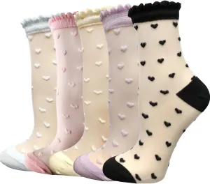 Cityelf 5 Pack Women Sheer Socks Summer Ruffle Thin Cool Footwear See Through Silky Lace Ankle Cute Stocking